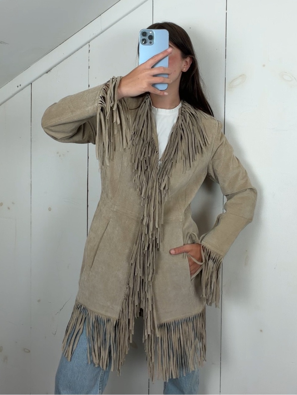 Vintage Wilsons Tan Suede Leather Mid Length Fringe Trim Jacket Women’s Small